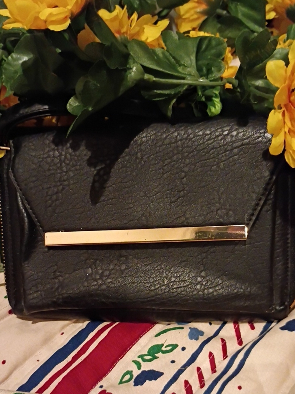 Classic Black Wristlet Clutch with Gold Bar Accent